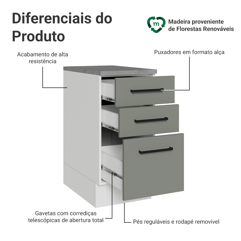 Balcão Madesa Agata 40 x 60 cm 3 Gavetas (Com Tampo) Branco/Cinza
