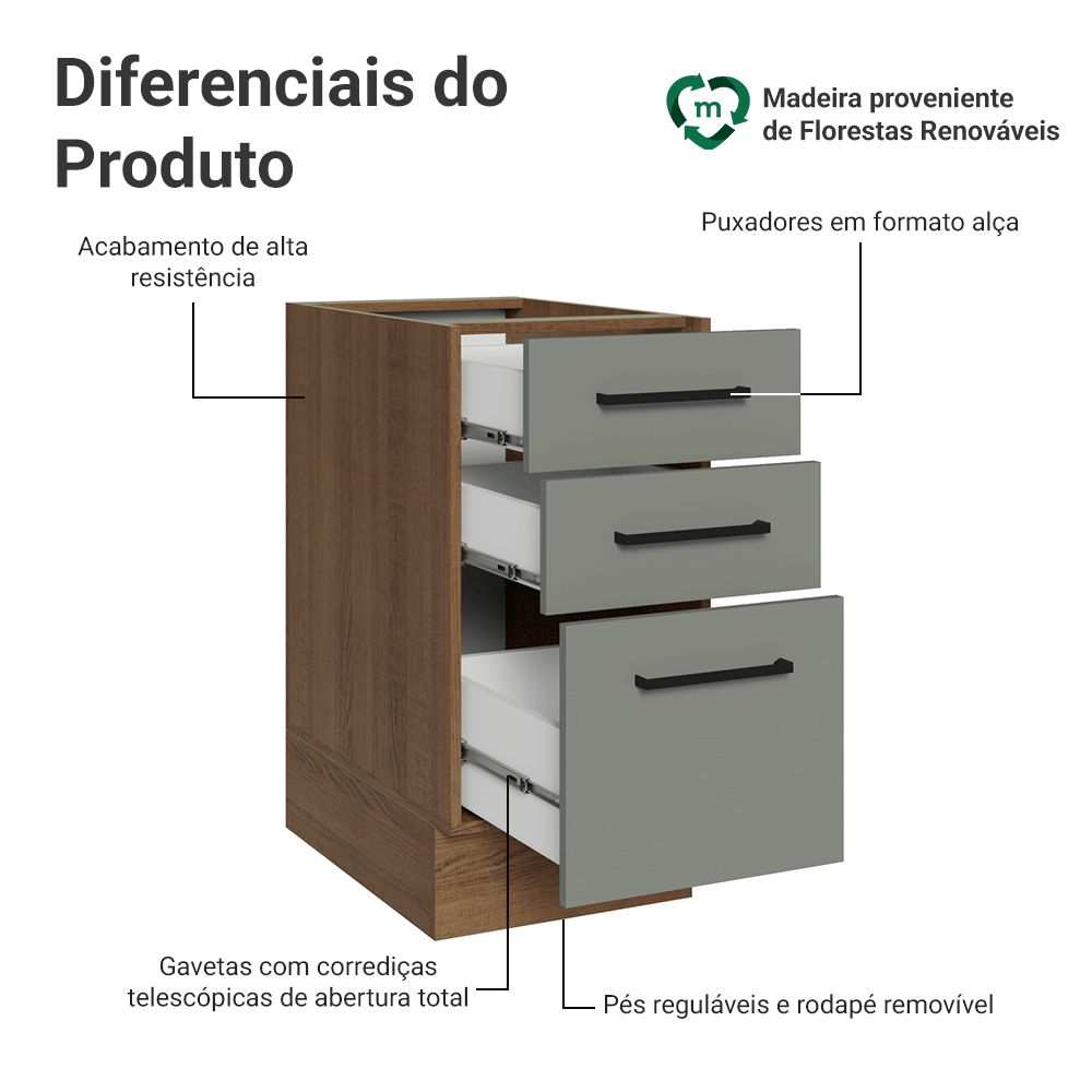 Balcão Madesa Agata 40 x 60 cm 3 Gavetas (Sem Tampo) Rustic/Cinza