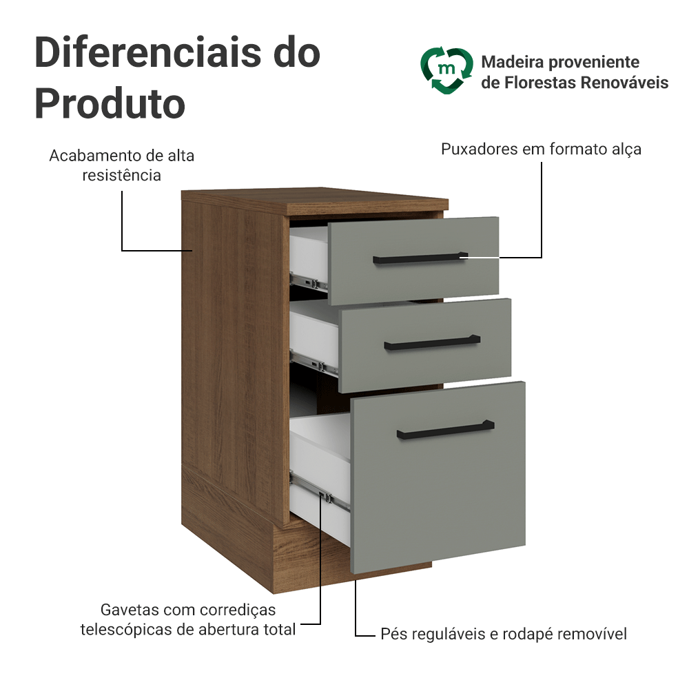 Balcão Madesa Agata 40 x 60 cm 3 Gavetas (Com Tampo) Rustic/Cinza