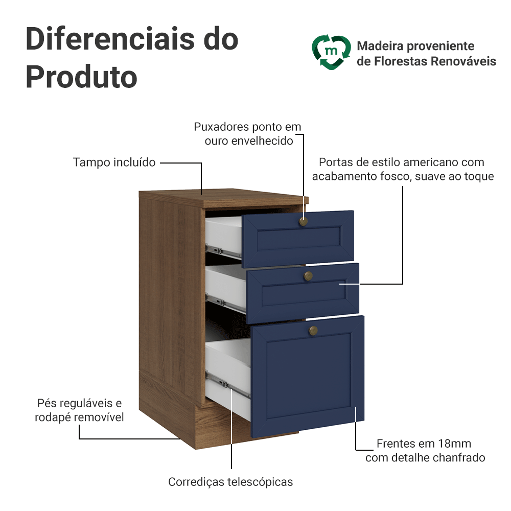 Balcão de Cozinha 40 x 60 cm 3 Gavetas (Com Tampo) Rustic/Azul Vik Madesa