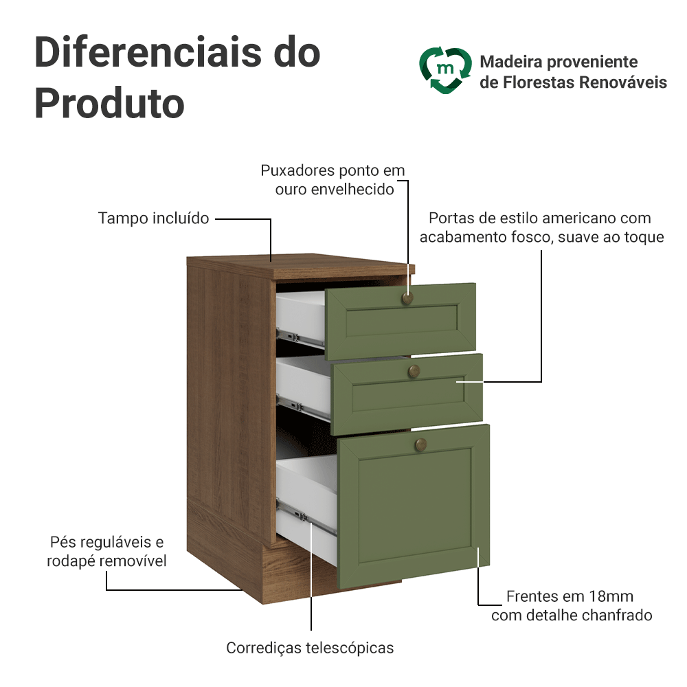 Balcão de Cozinha 40 x 60 cm 3 Gavetas (Com Tampo) Rustic/Verde Vik Madesa