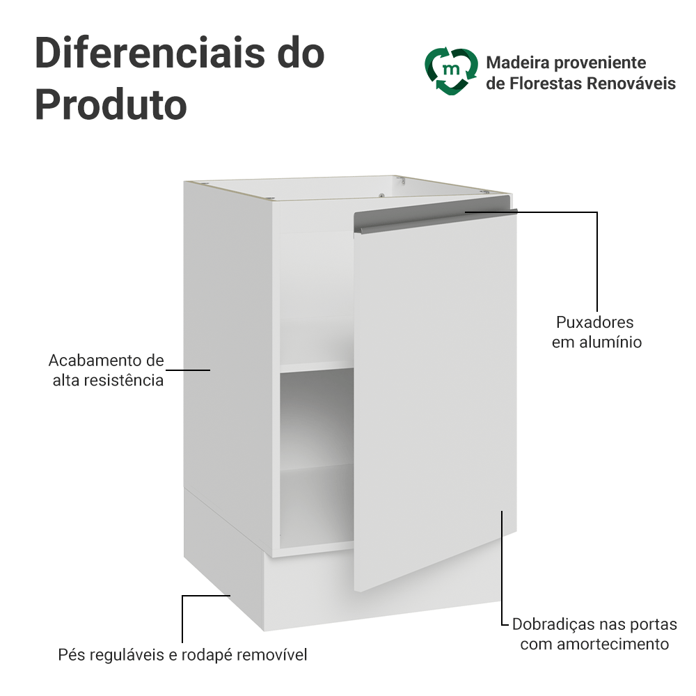 Balcão de Cozinha 50 x 60cm 1 Porta (Sem Tampo) Branco Glamy Madesa