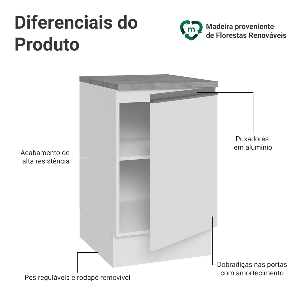 Balcão de Cozinha 50 x 60cm 1 Porta (Com Tampo) Branco Glamy Madesa