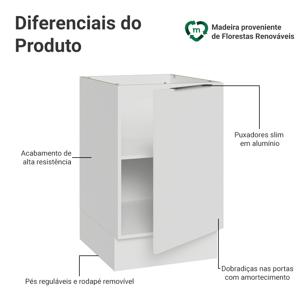 Balcão de Cozinha 50 x 60cm 1 Porta (Sem Tampo) Branco Stella Madesa