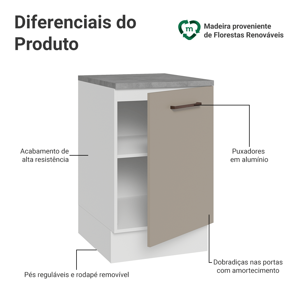 Balcão de Cozinha 50 x 60cm 1 Porta (Com Tampo) Branco/Crema Agata Madesa