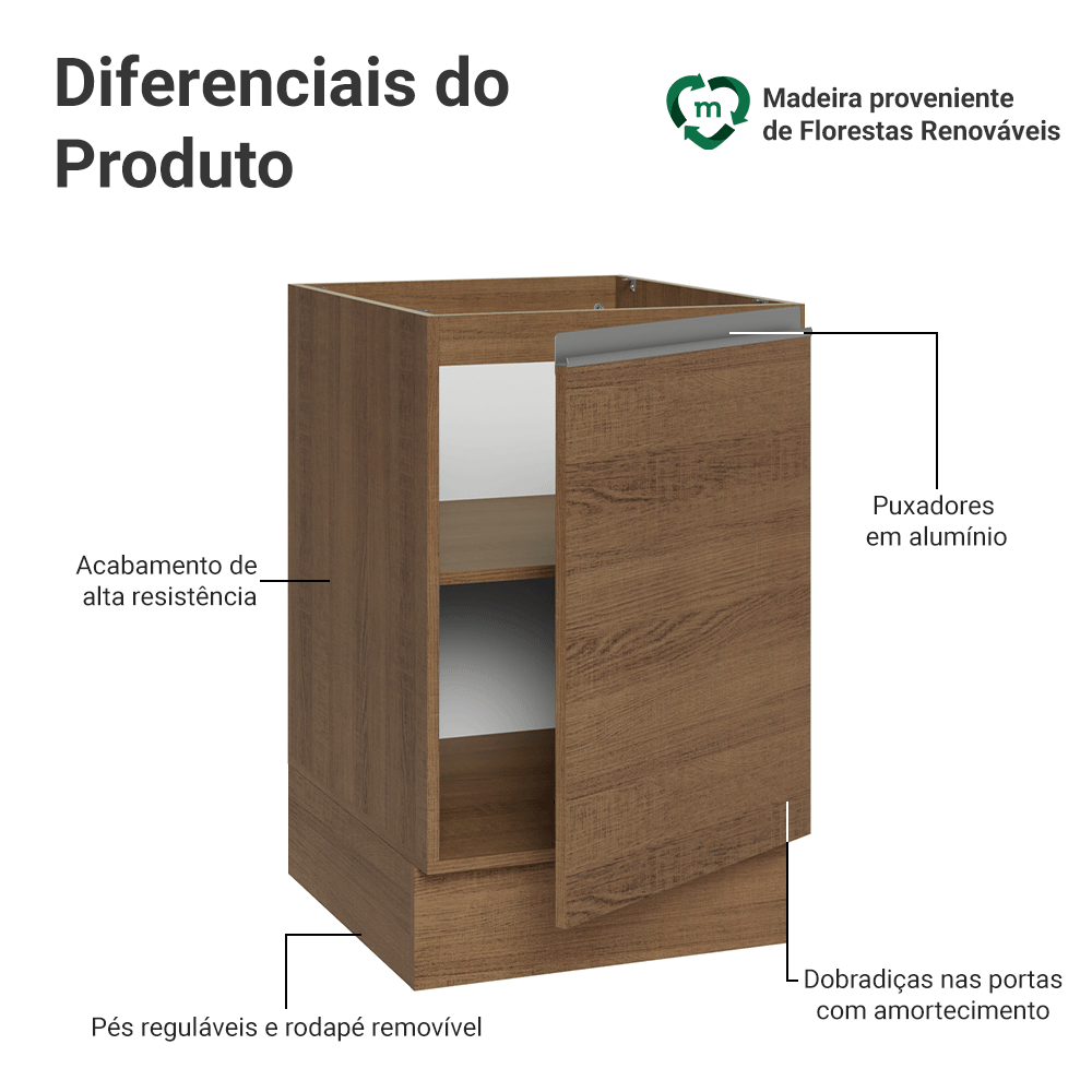 Balcão de Cozinha 50 x 60cm 1 Porta (Sem Tampo) Rustic Glamy Madesa