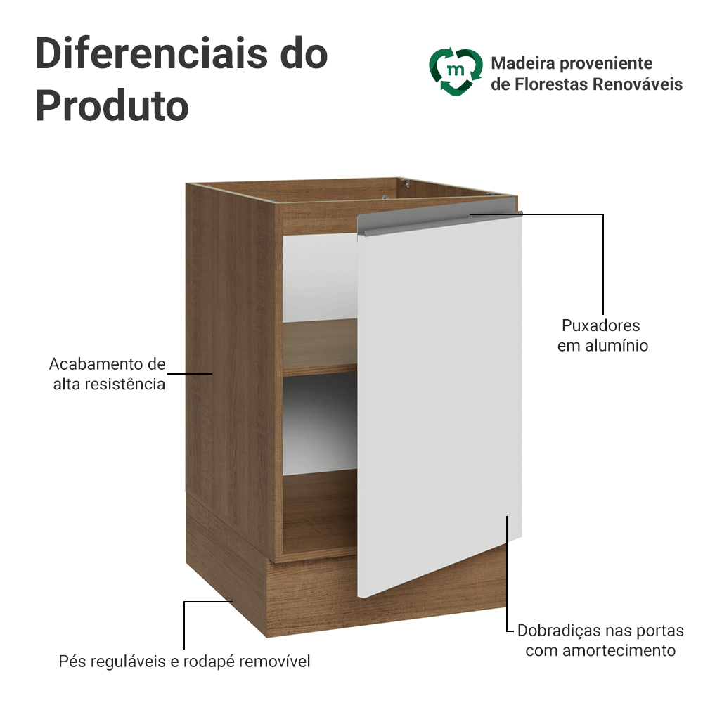 Balcão de Cozinha 50 x 60cm 1 Porta (Sem Tampo) Rustic/Branco Glamy Madesa