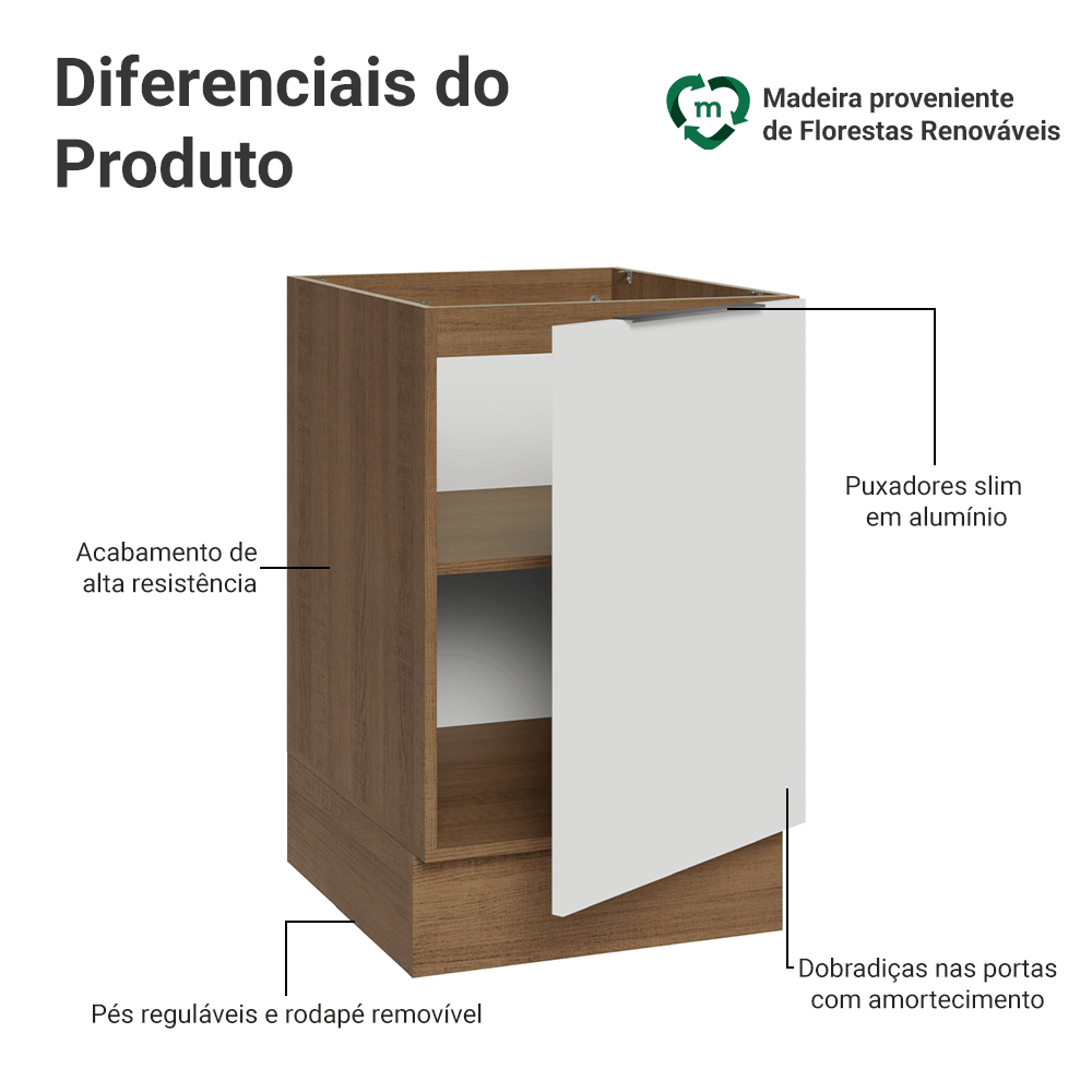Balcão de Cozinha 50 x 60cm 1 Porta (Sem Tampo) Rustic/Branco Stella Madesa