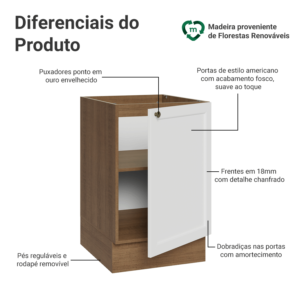 Balcão de Cozinha 50 x 60cm 1 Porta (Sem Tampo) Rustic/Branco Vik Madesa