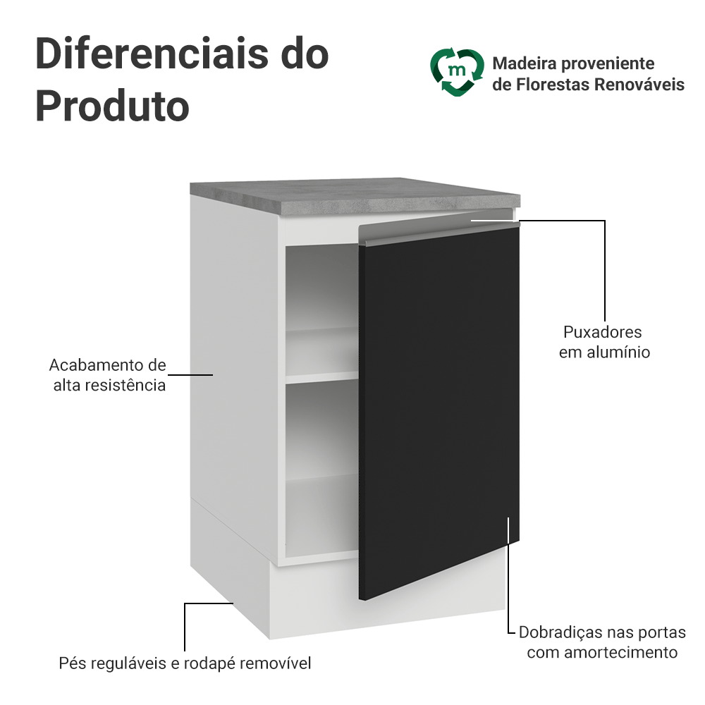 Balcão de Cozinha 50 x 60cm 1 Porta (Com Tampo) Branco/Preto Glamy Madesa