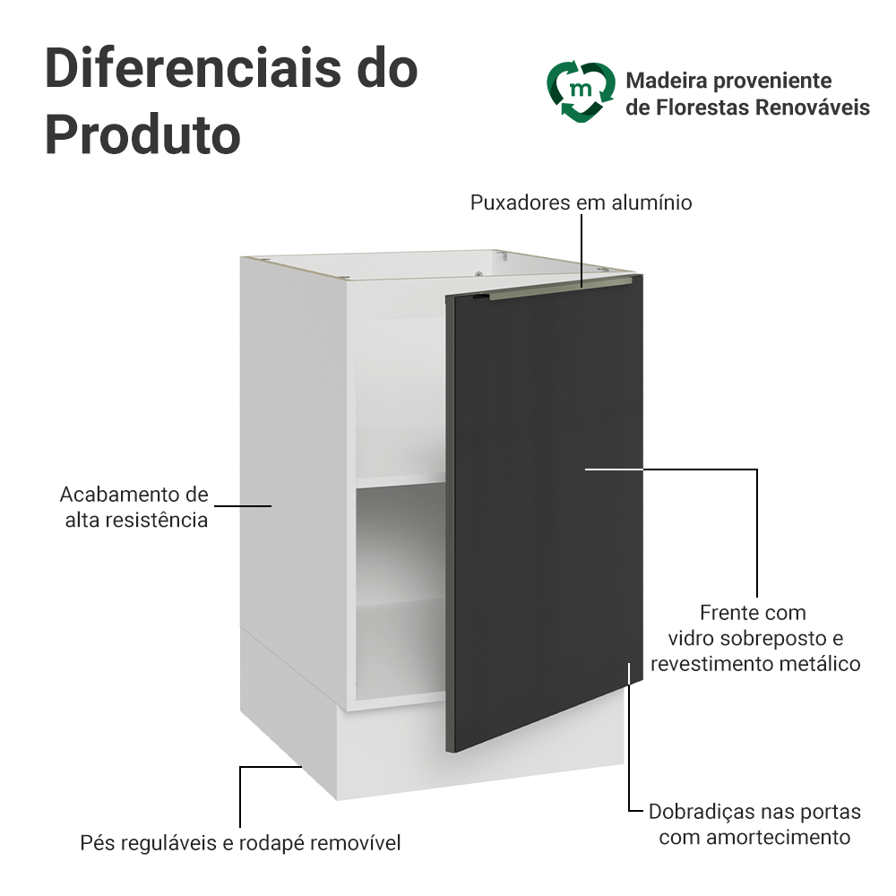 Balcão de Cozinha 50cm 1 Porta (Sem Tampo) Branco/Preto Lux Madesa