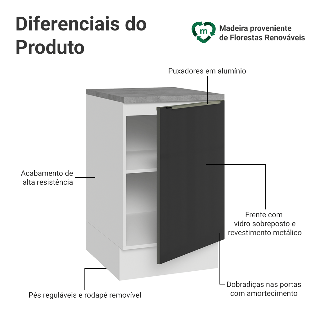 Balcão de Cozinha 50 x 60 cm 1 Porta (Com Tampo) Branco/Preto Lux Madesa
