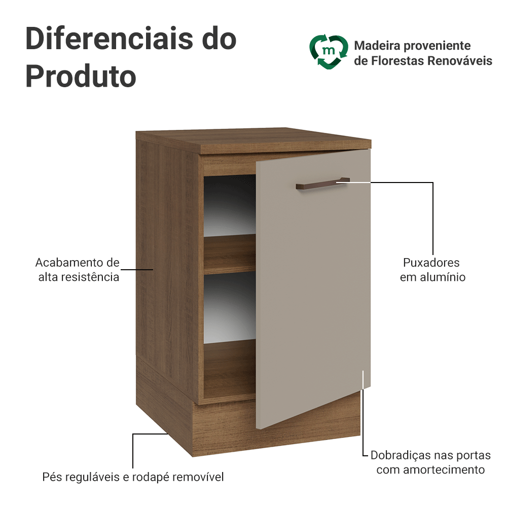 Balcão de Cozinha 50 x 60cm 1 Porta (Com Tampo) Rustic/Crema Agata Madesa