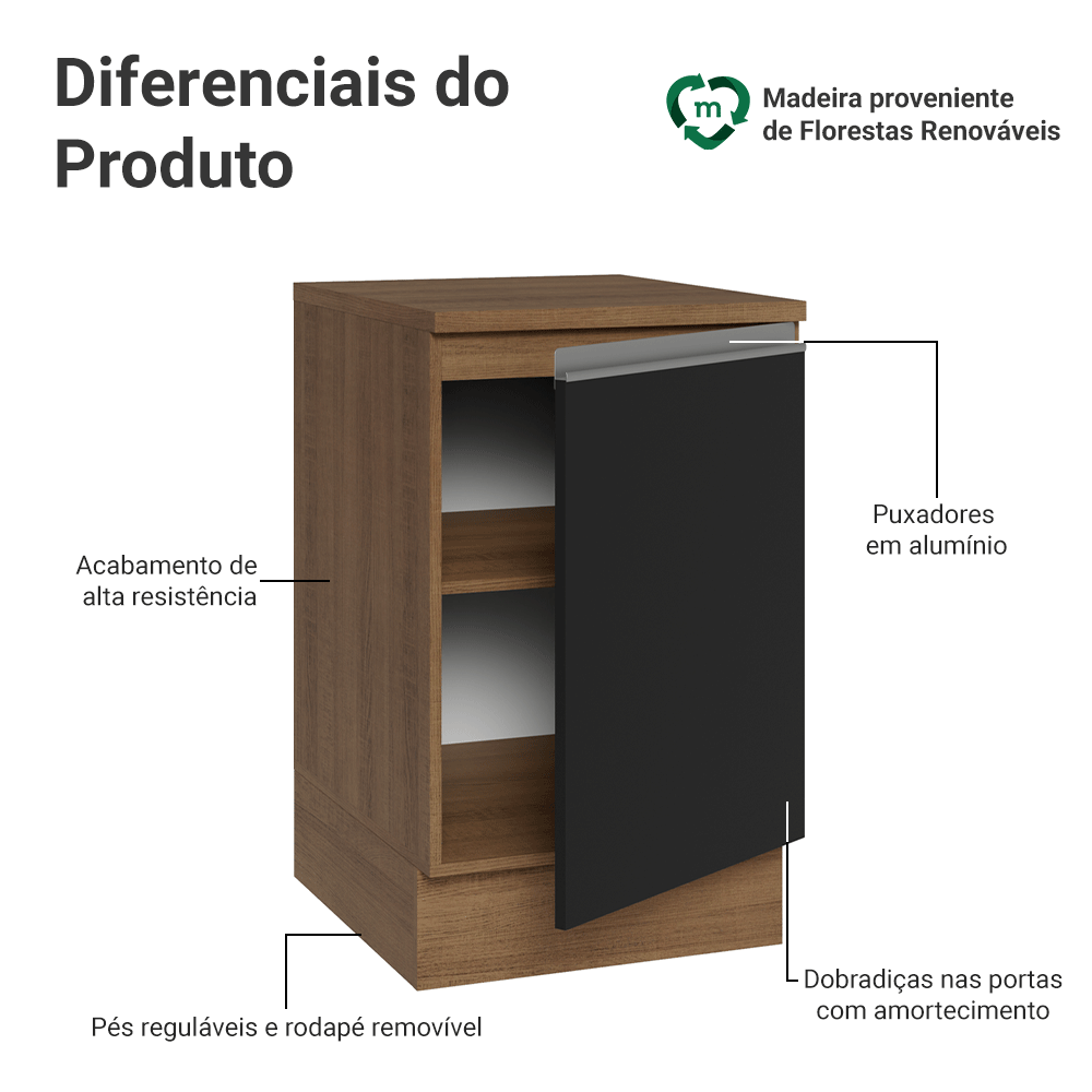 Balcão de Cozinha 50 x 60cm 1 Porta (Com Tampo) Rustic/Preto Glamy Madesa