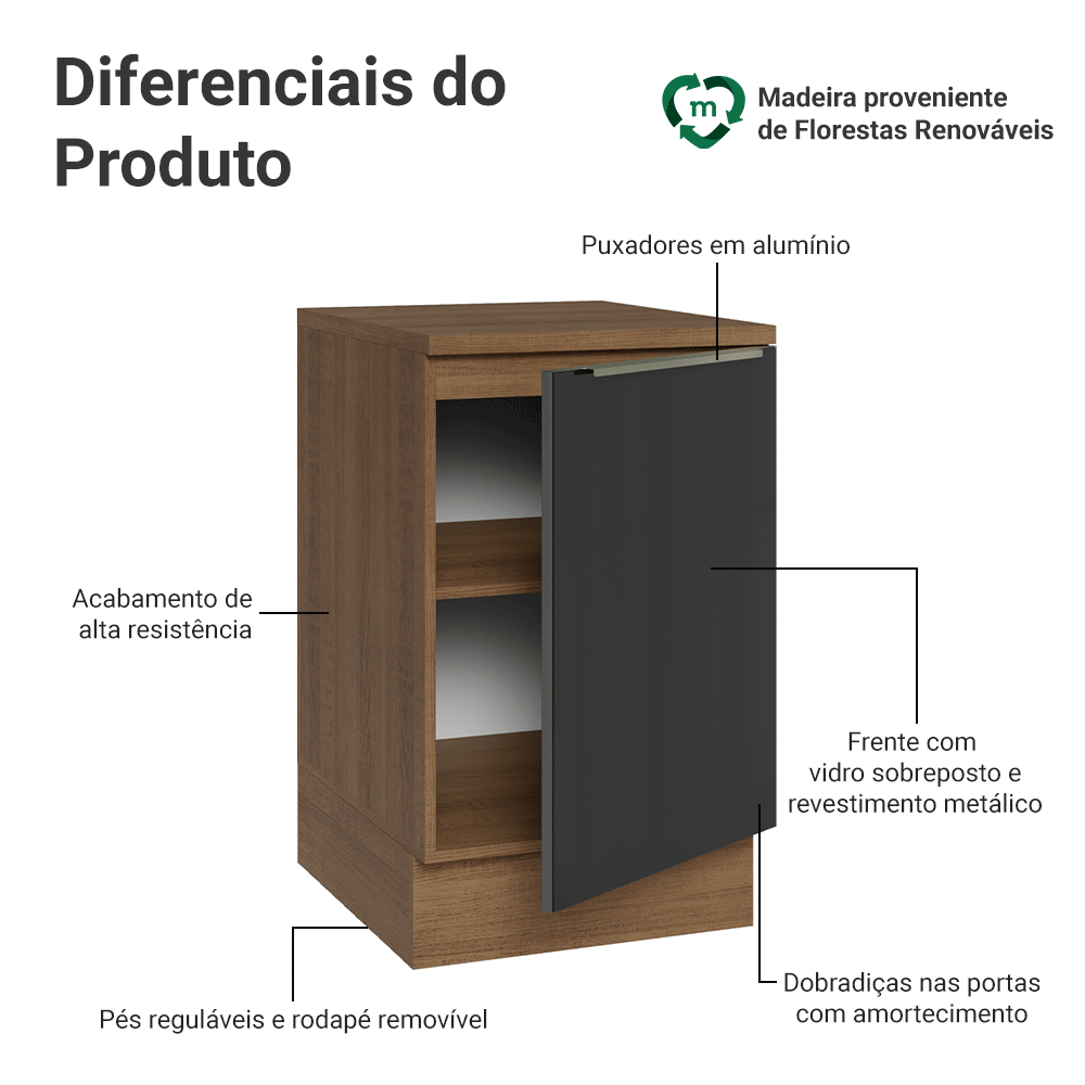 Balcão de Cozinha 50 x 60 cm 1 Porta (Com Tampo) Rustic/Preto Lux Madesa