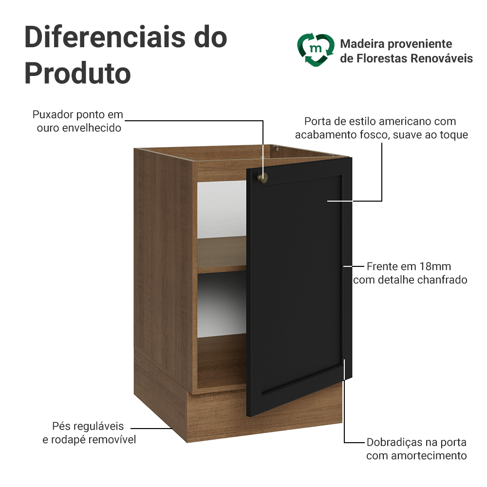 Balcão de Cozinha 50 x 60cm 1 Porta (Sem Tampo) Rustic/Preto Vik Madesa