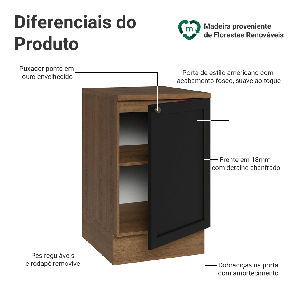 Balcão de Cozinha 50 x 60cm 1 Porta (Com Tampo) Rustic/Preto Vik Madesa