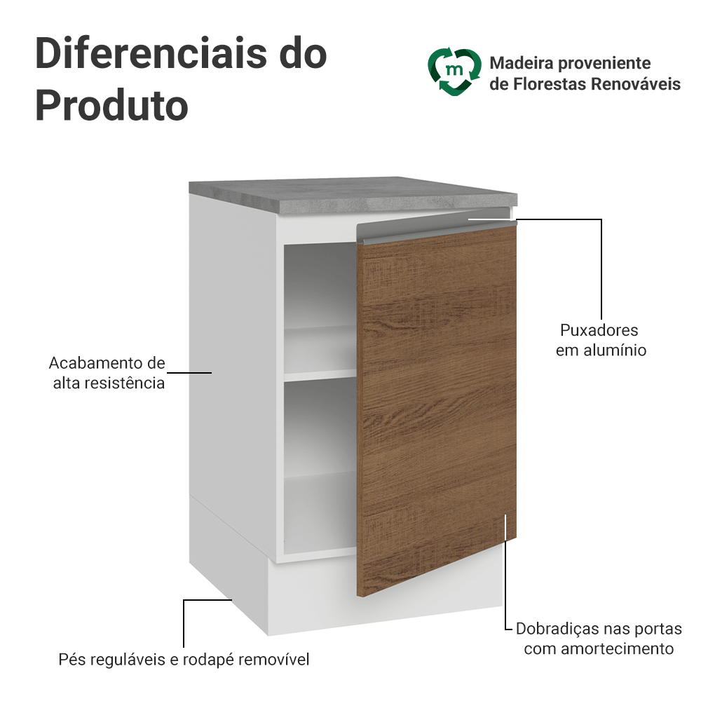 Balcão de Cozinha 50 x 60cm 1 Porta (Com Tampo) Branco/Rustic Glamy Madesa