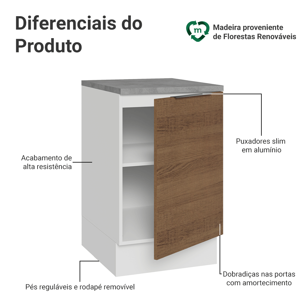 Balcão de Cozinha 50 x 60cm 1 Porta (Com Tampo) Branco/Rustic Stella Madesa