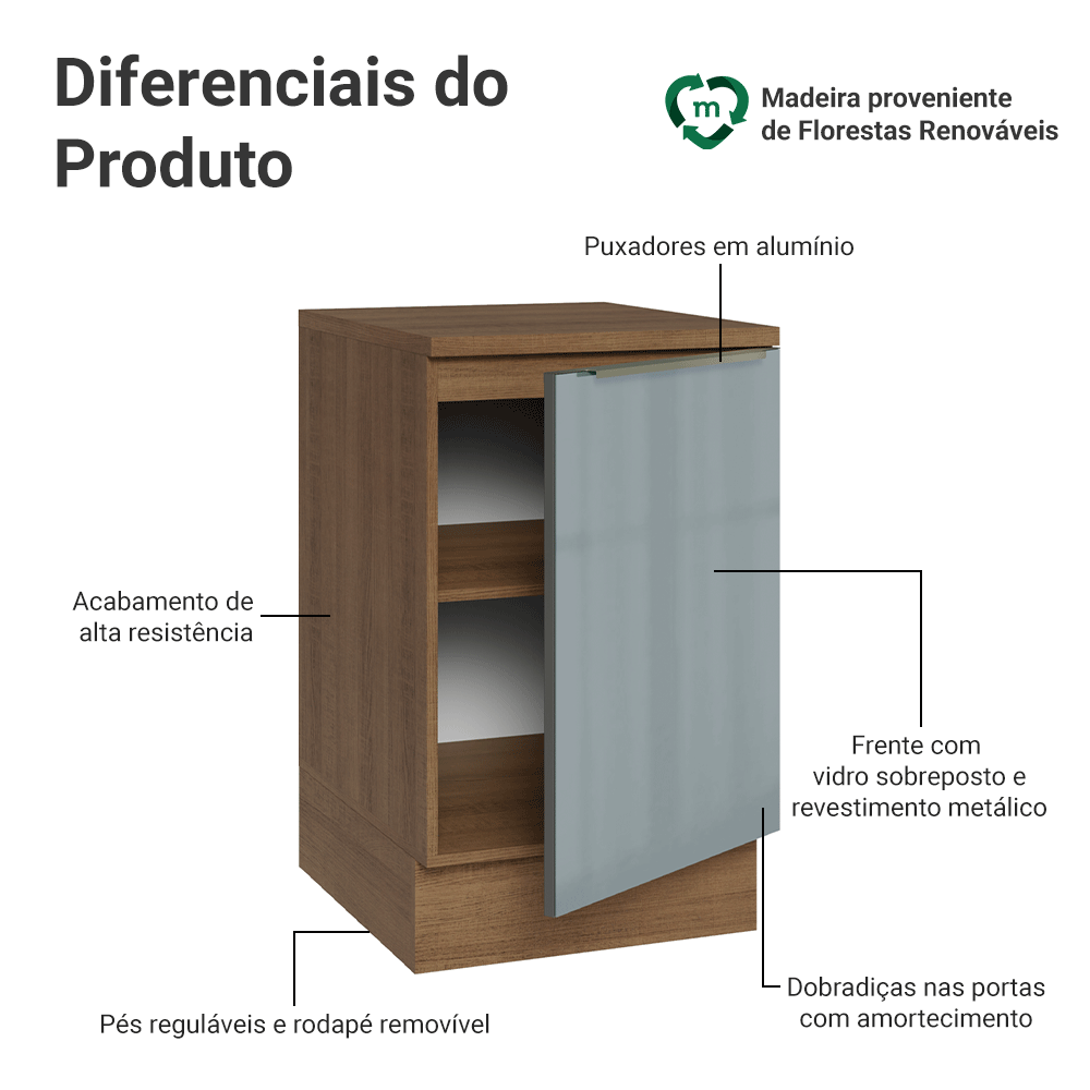 Balcão de Cozinha 50 x 60 cm 1 Porta (Com Tampo) Rustic/Cinza Lux Madesa