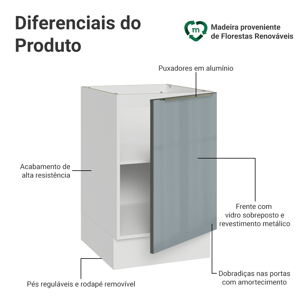 Balcão de Cozinha 50 x 60 cm 1 Porta (Sem Tampo) Branco/Cinza Lux Madesa