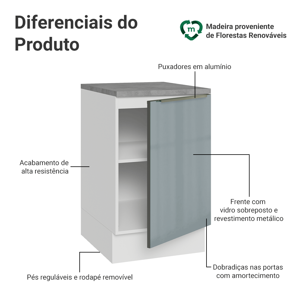 Balcão de Cozinha 50 x 60 cm 1 Porta (Com Tampo) Branco/Cinza Lux Madesa