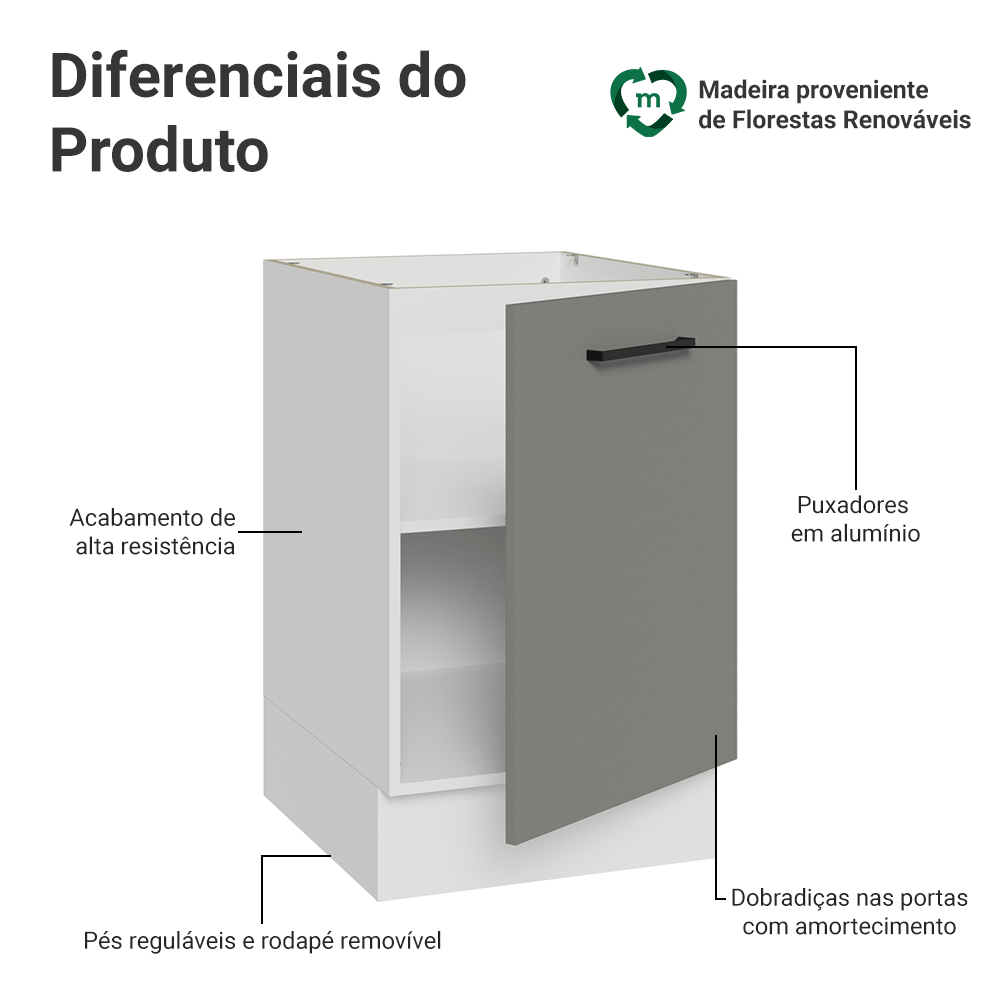 Balcão de Cozinha 50 x 60cm 1 Porta (Sem Tampo) Branco/Cinza Agata Madesa