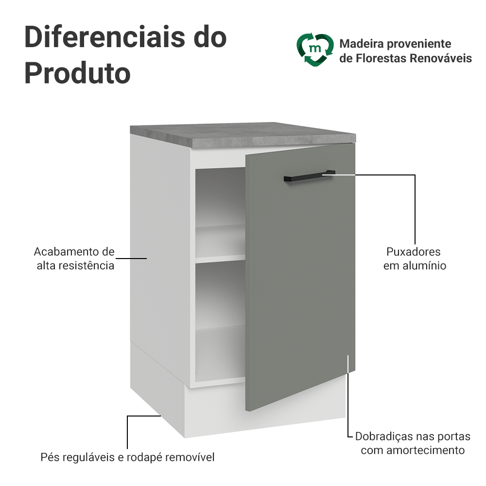 Balcão de Cozinha 50 x 60cm 1 Porta (Com Tampo) Branco/Cinza Agata Madesa