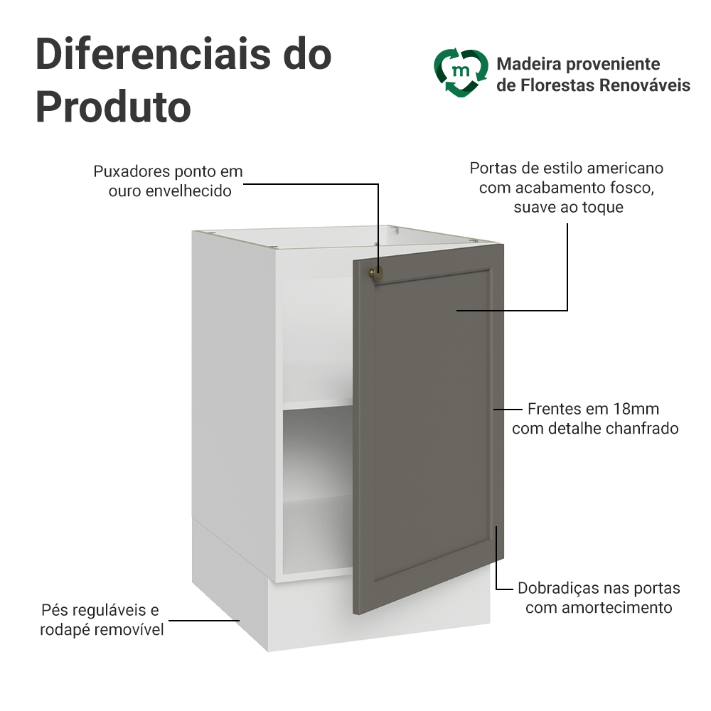 Balcão de Cozinha 50 x 60cm 1 Porta (Sem Tampo) Branco/Cinza Vik Madesa