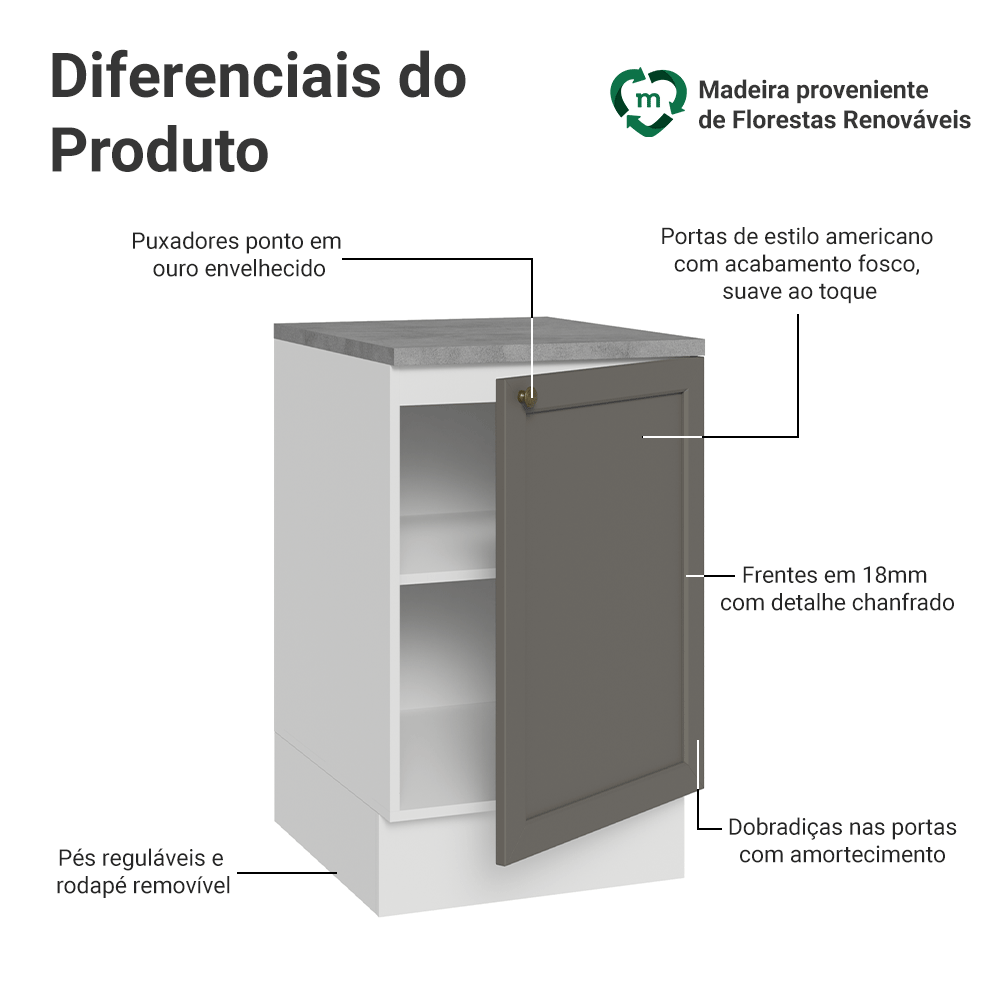 Balcão de Cozinha 50 x 60cm 1 Porta (Com Tampo) Branco/Cinza Vik Madesa