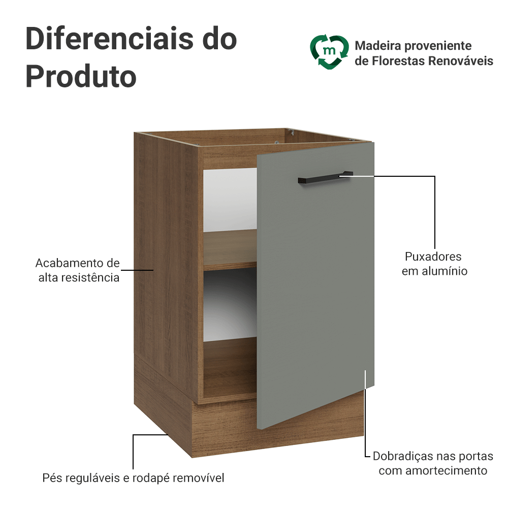 Balcão de Cozinha 50 x 60cm 1 Porta (Sem Tampo) Rustic/Cinza Agata Madesa