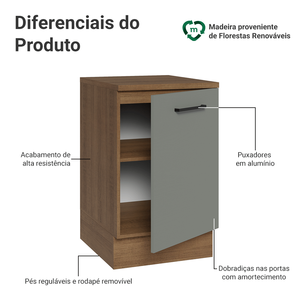 Balcão de Cozinha 50 x 60cm 1 Porta (Com Tampo) Rustic/Cinza Agata Madesa