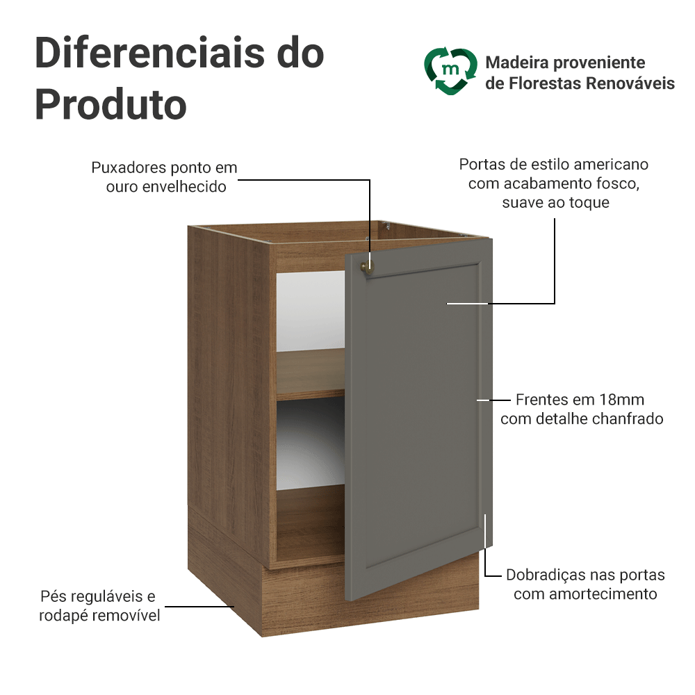 Balcão de Cozinha 50 x 60cm 1 Porta (Sem Tampo) Rustic/Cinza Vik Madesa
