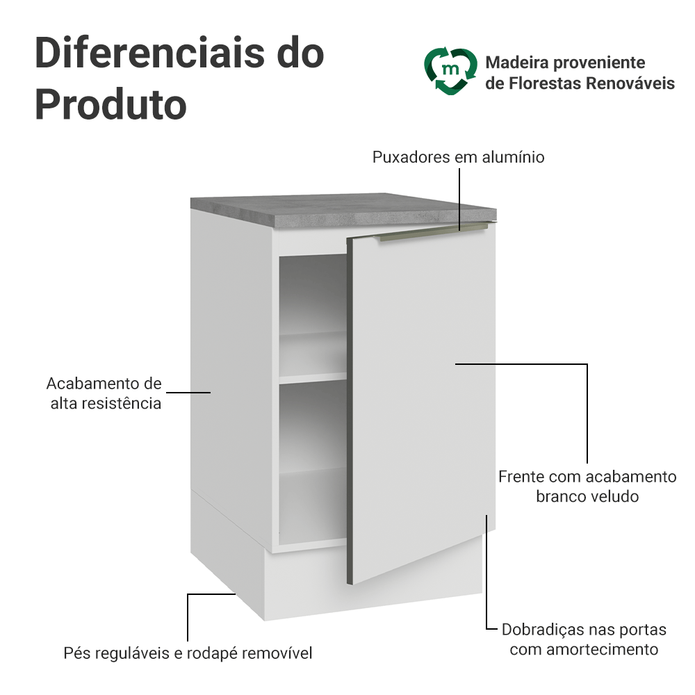 Balcão de Cozinha 50 x 60 cm 1 Porta (Com Tampo) Branco Veludo Lux Madesa
