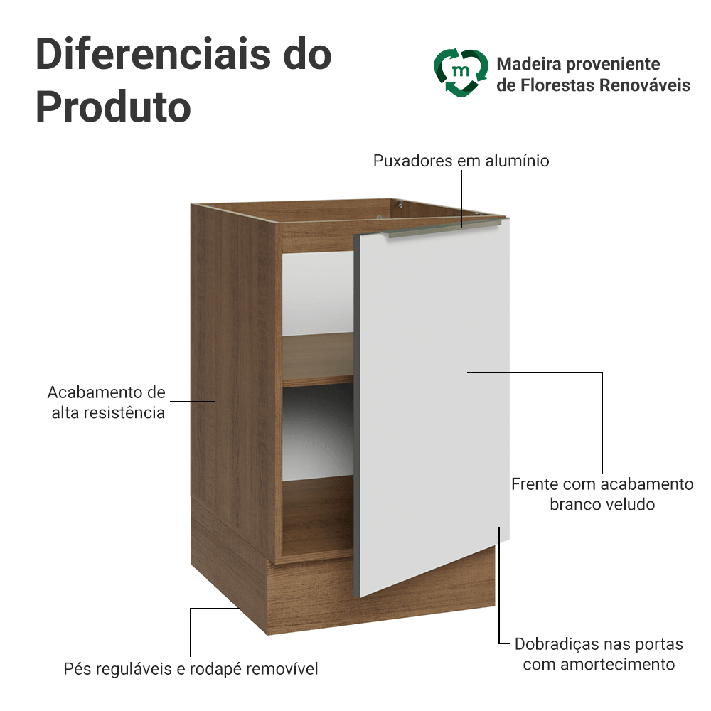 Balcão de Cozinha 50 x 60 cm 1 Porta (Sem Tampo) Rustic/Branco Veludo Lux Madesa