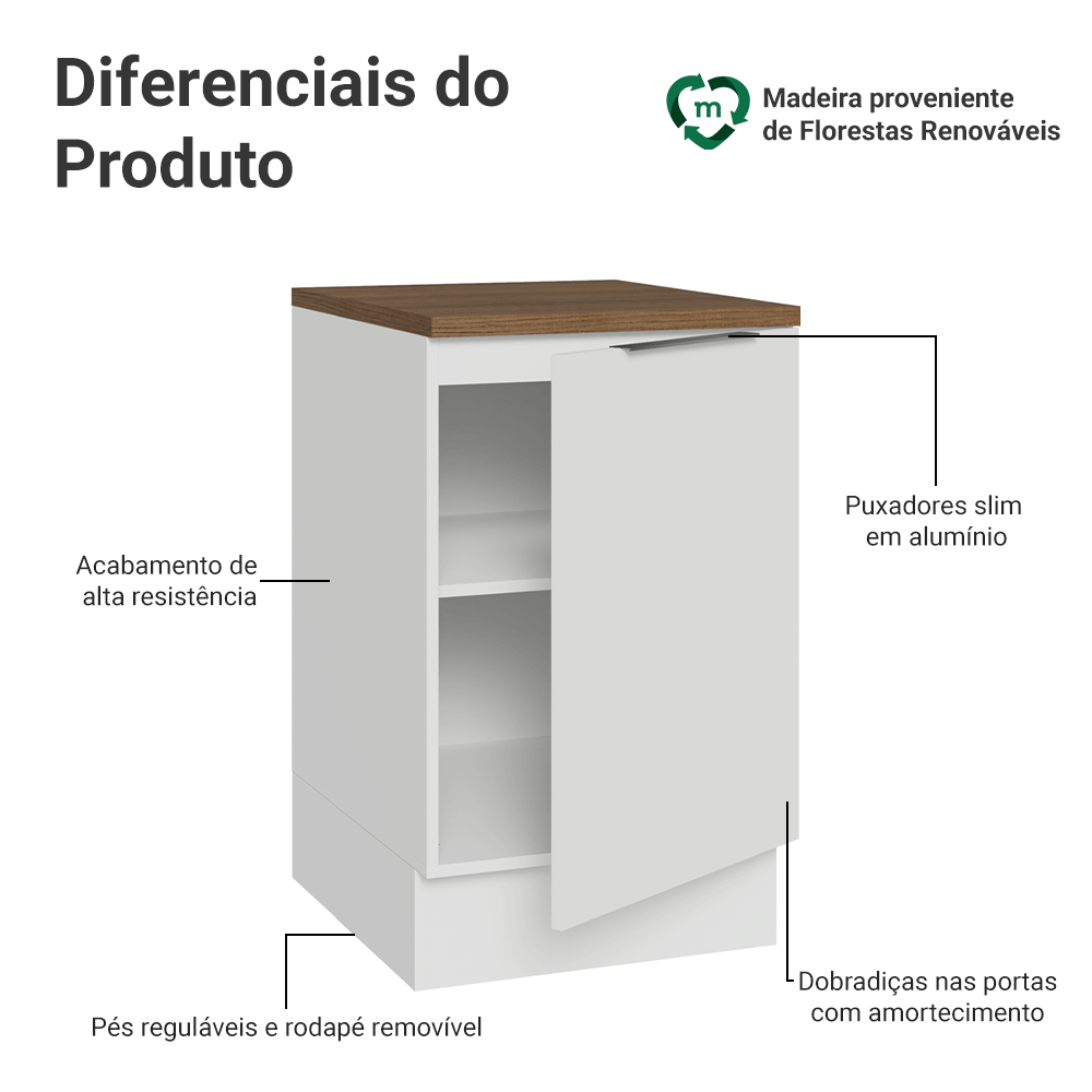 Balcão de Cozinha 50 x 60cm 1 Porta Branco Tampo Rustic Stella Madesa