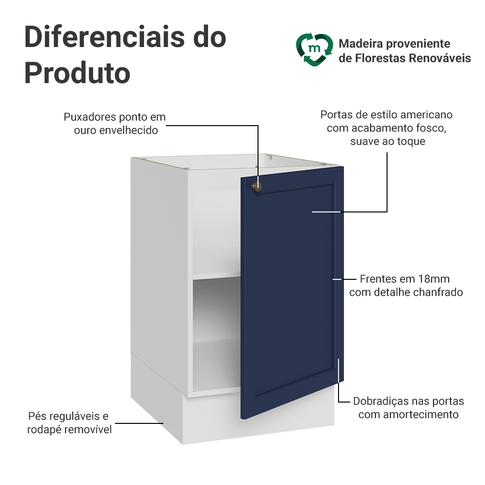 Balcão de Cozinha 50 x 60cm 1 Porta (Sem Tampo) Branco/Azul Vik Madesa