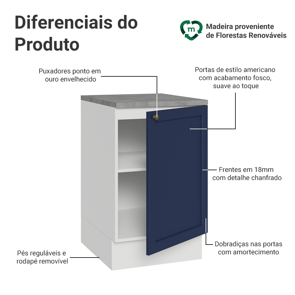 Balcão de Cozinha 50 x 60cm 1 Porta (Com Tampo) Branco/Azul Vik Madesa