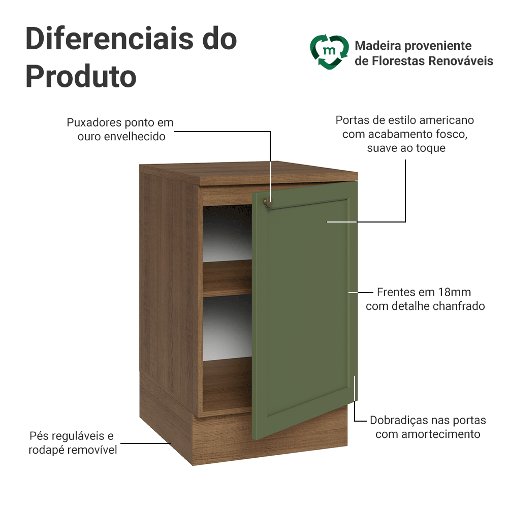 Balcão de Cozinha 50 x 60cm 1 Porta (Com Tampo) Rustic/Verde Vik Madesa