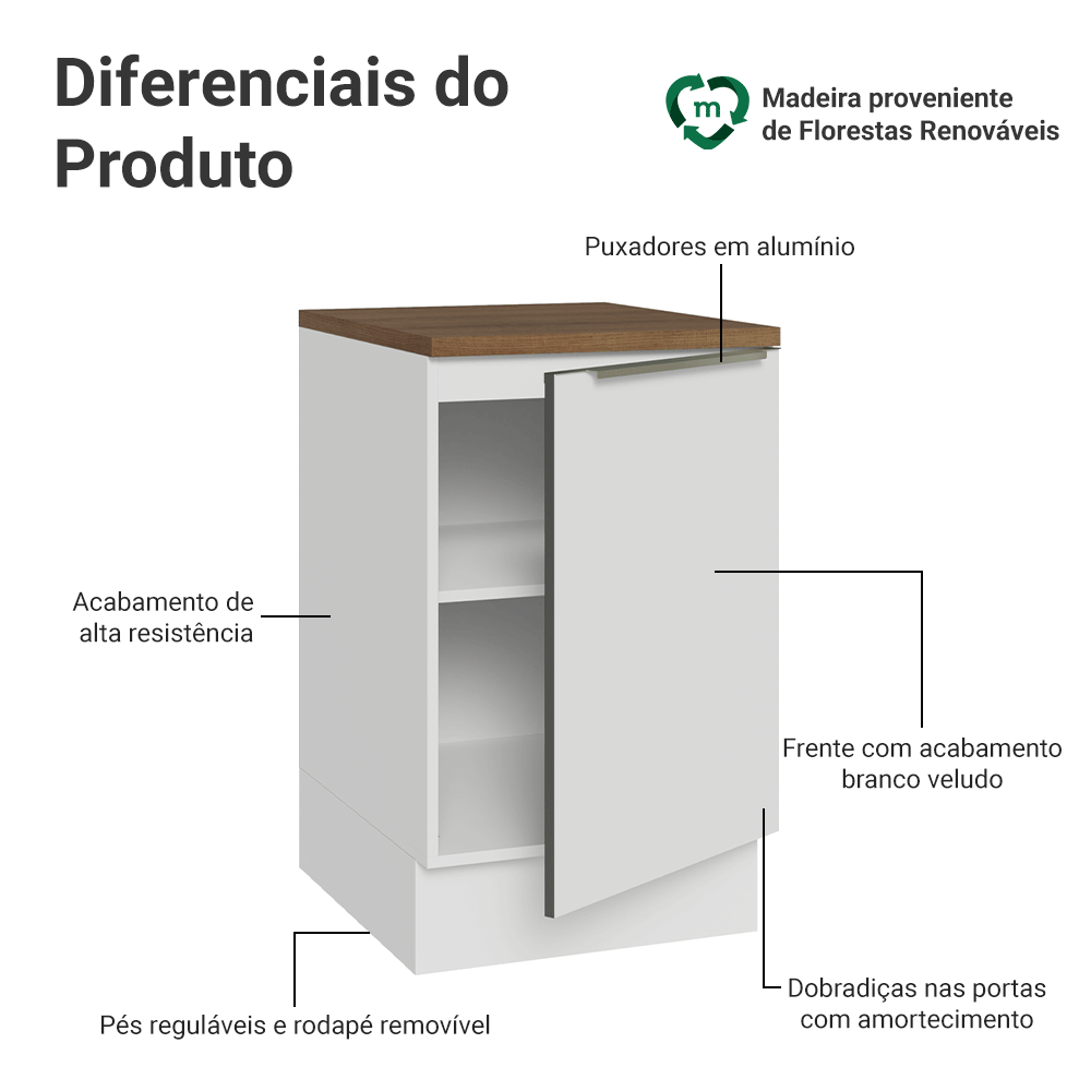 Balcão de Cozinha 50 x 60 cm 1 Porta Branco Tampo Rustic Lux Madesa