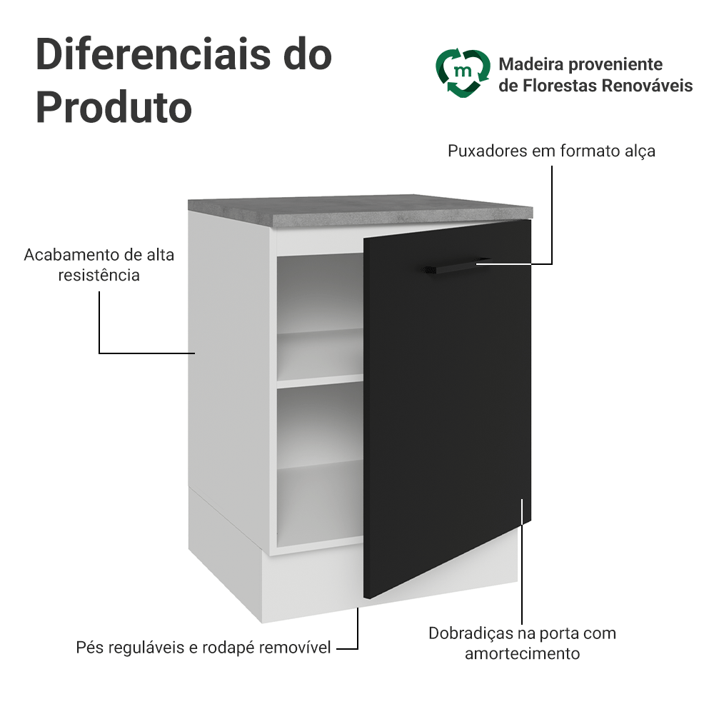 Balcão Madesa Agata 60 x 60 cm 1 Porta (Com Tampo) Branco/Preto