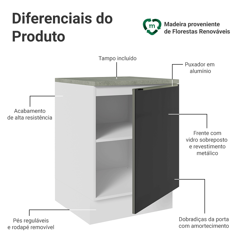 Balcão 60 x 60 cm 1 Porta (Com Tampo) Branco/Preto Lux Madesa