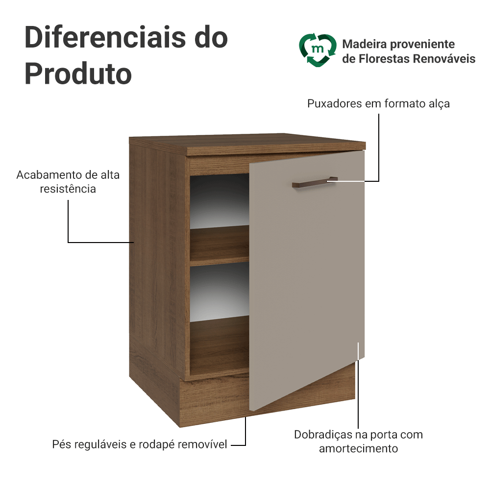 Balcão 60 x 60 cm 1 Porta (Com Tampo) Rustic/Crema Agata Madesa