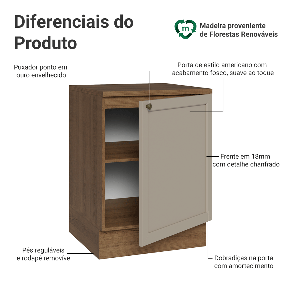 Balcão de Cozinha 60 x 60 cm 1 Porta (Com Tampo) Rustic/Crema Vik Madesa