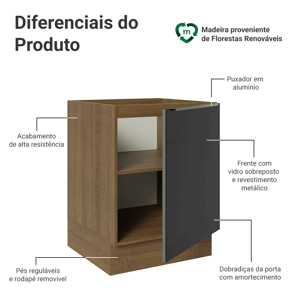 Balcão de Cozinha 60 x 60 cm 1 Porta (Sem Tampo) Rustic/Preto Lux Madesa