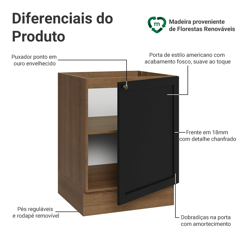 Balcão de Cozinha 60 x 60 cm 1 Porta (Sem Tampo) Rustic/Preto Vik Madesa