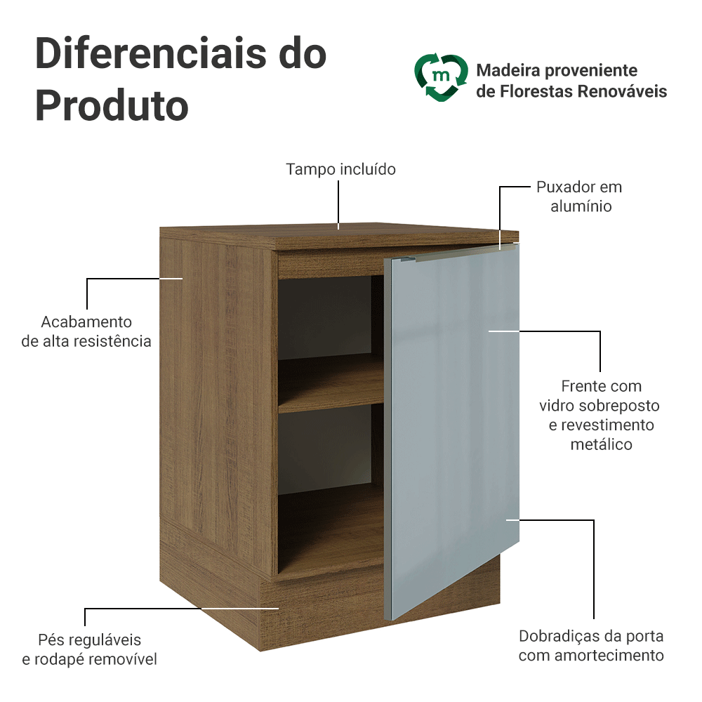 Balcão 60 x 60 cm 1 Porta (Com Tampo) Rustic/Cinza Lux Madesa