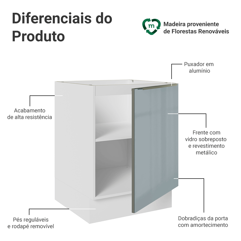 Balcão de Cozinha 60 x 60 cm 1 Porta (Sem Tampo) Branco/Cinza Lux Madesa