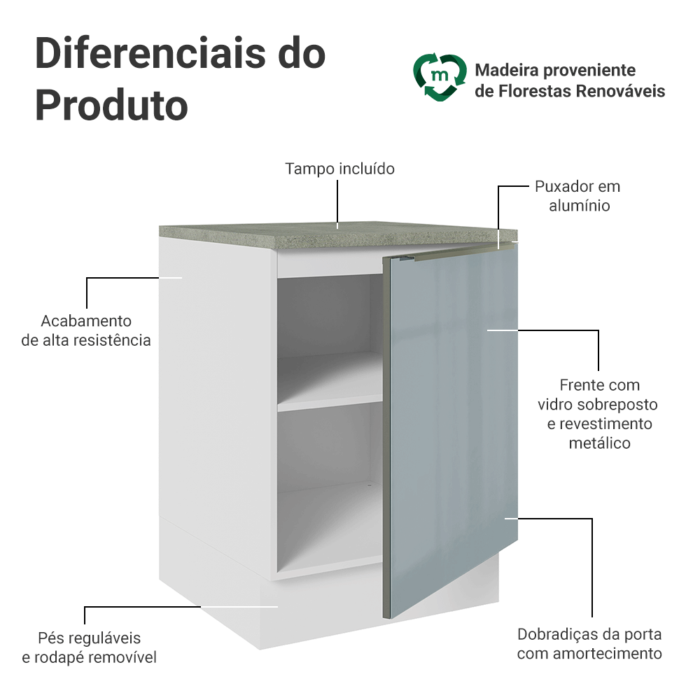 Balcão 60 x 60 cm 1 Porta (Com Tampo) Branco/Cinza Lux Madesa