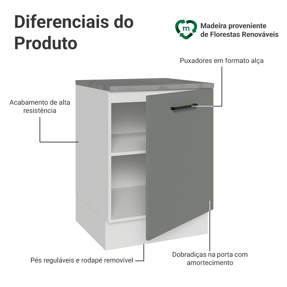 Balcão Madesa Agata 60 x 60 cm 1 Porta (Com Tampo) Branco/Cinza